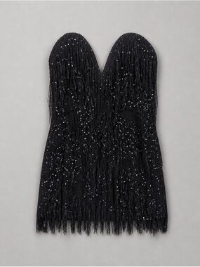 Strapless Black Sequin Fringe Mini Dress